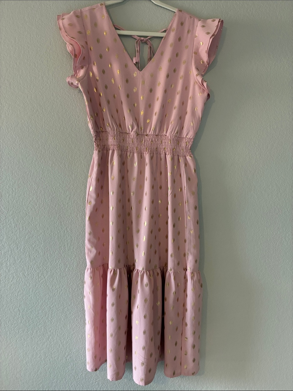 Women's Pink Midi Dress with Gold Dot Detail